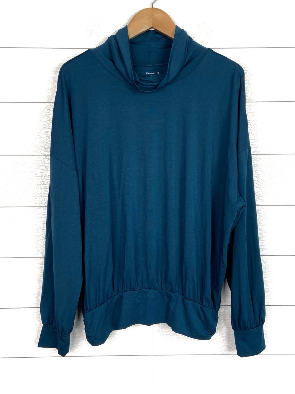 GARNET HILL Comfort Jersey Turtleneck Long Sleeve Top Tencel Banded Hem XL Blue